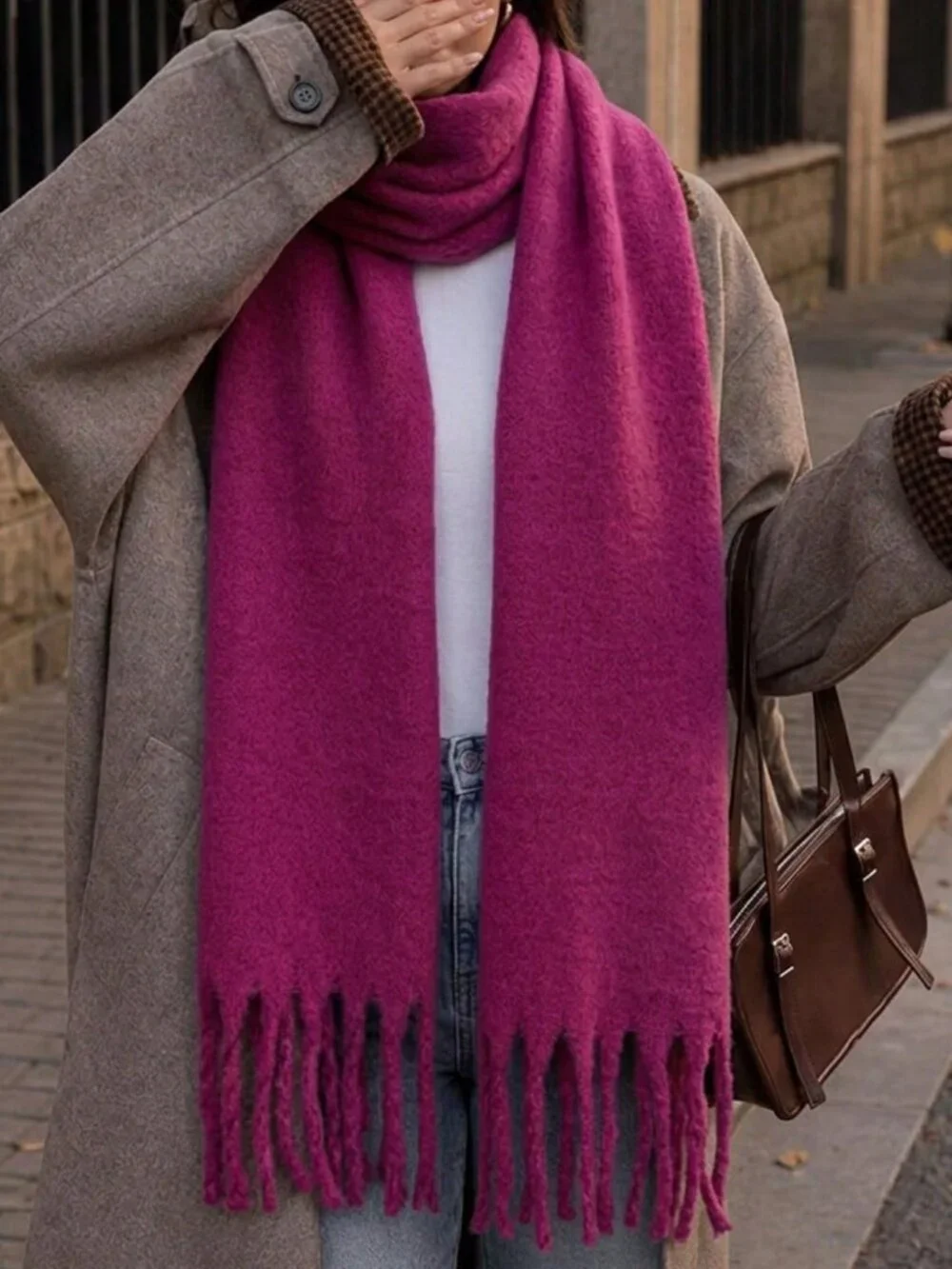 Pink Casual Women's Cozy warm Large Fluffy Tassel Scarf